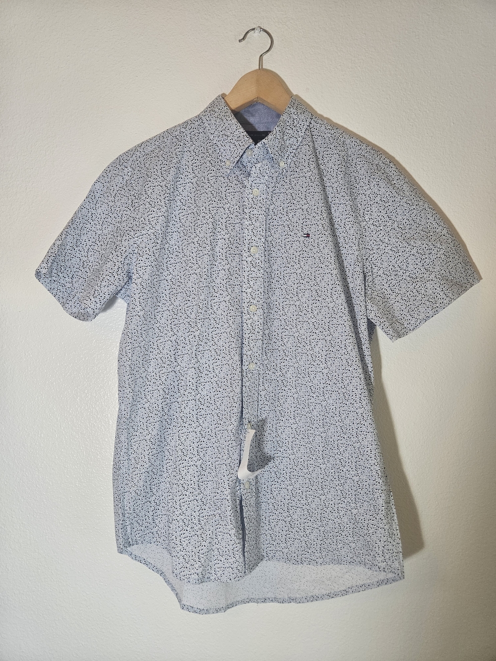 Tommy Hilfiger Light Blue Micro-Print Short-Sleeve Button-Down Shirt Cotton